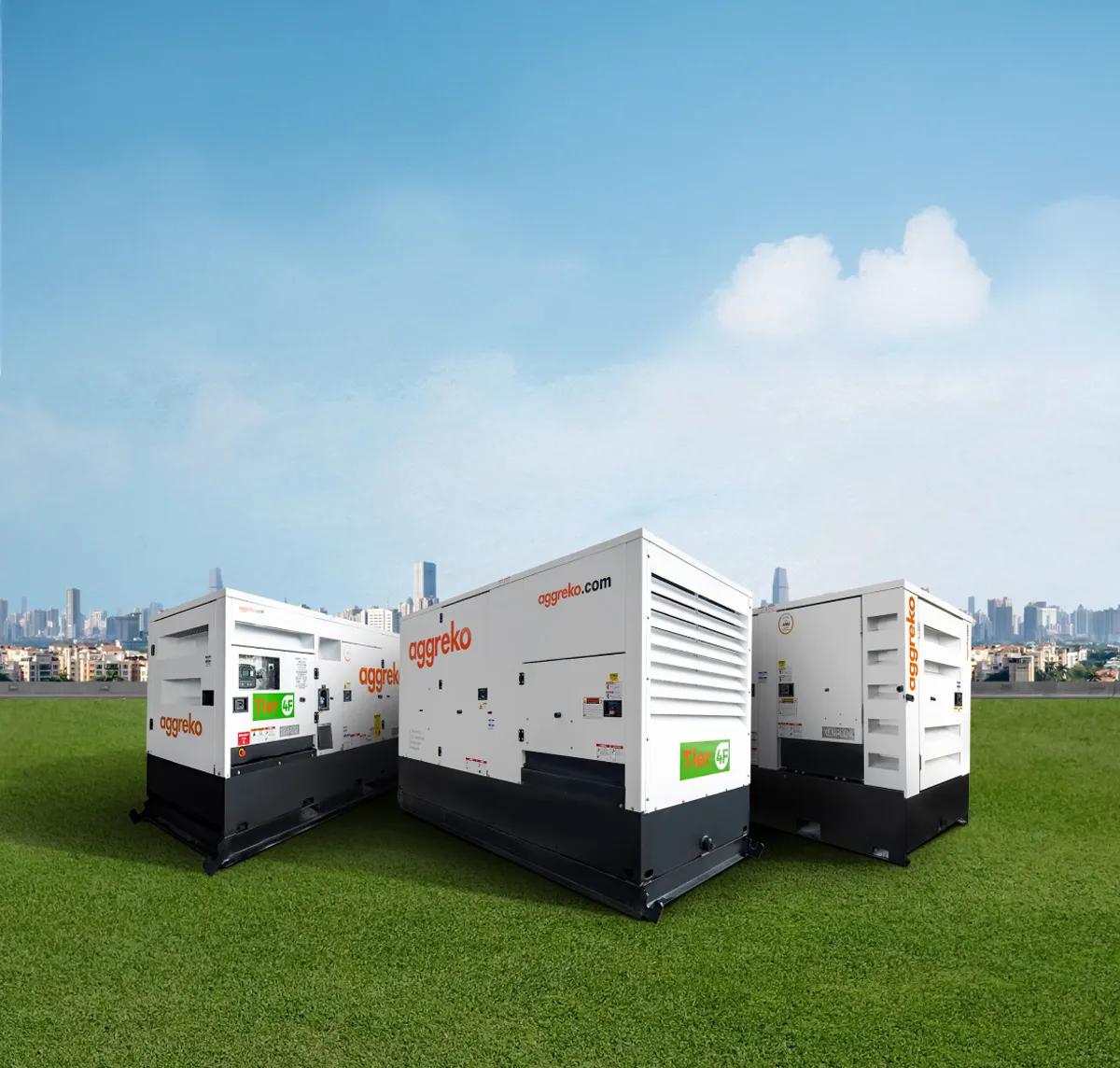 Fleet of Aggreko Tier 4 Final power generators with skyline background