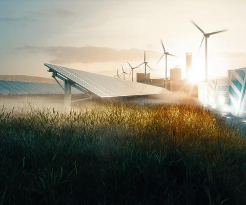 Smart grid renewable energy system solution for future smart cities at sunset. 3d rendering