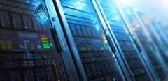 Modern web network and internet telecommunication technology, big data storage and cloud computing computer service business concept: 3D render illustration of the macro view of server room interior in datacenter with selective focus effect