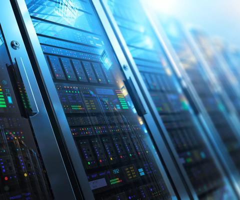 Modern web network and internet telecommunication technology, big data storage and cloud computing computer service business concept: 3D render illustration of the macro view of server room interior in datacenter with selective focus effect