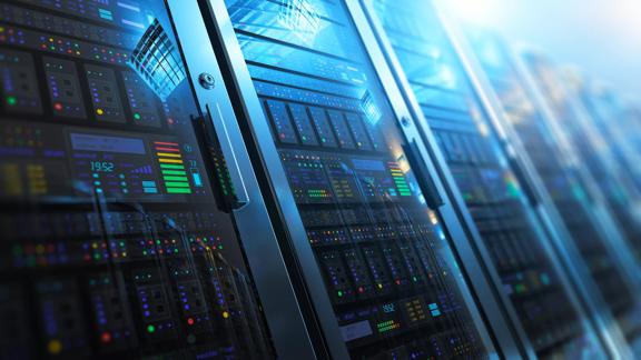 Modern web network and internet telecommunication technology, big data storage and cloud computing computer service business concept: 3D render illustration of the macro view of server room interior in datacenter with selective focus effect