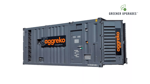 A gray gas generator with the Aggreko logo on the side, featuring controls and a door. The corner has Greener Upgrades branding.