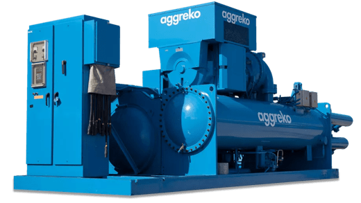 A blue water cooled chiller with Aggreko branding, featuring control panels and large cylindrical components for power generation or cooling.