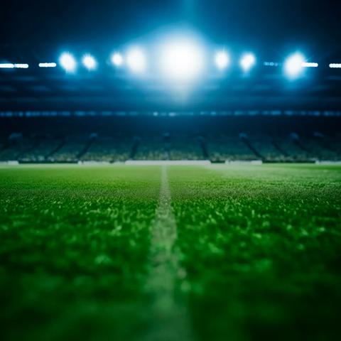Ground view of a soccer field, emphasizing the grass.