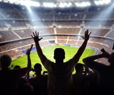 A long-range shot of a stadium field, floodlights and seating. A green field, with painted white lines, is visible in the foreground. On the foreground a group of fans is celebrating a goal. In the background are diffuse out-of-focus stadium seats. Large, bright floodlights are in the top-left and top-right corners of the image.