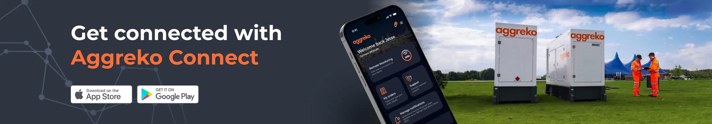 Aggreko app banner showing that the app is available on App Store and Google Play, a smartphone displaying the app's interface, and two workers in orange uniforms standing beside two white Aggreko units.