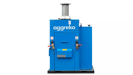 A blue industrial heater with the "Aggreko" logo, featuring a chimney and various control valves on the front panel.