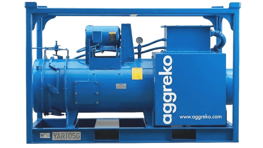 A blue industrial heater with control panel and "Aggreko" branding, mounted on a metal frame, used for temporary power solutions.
