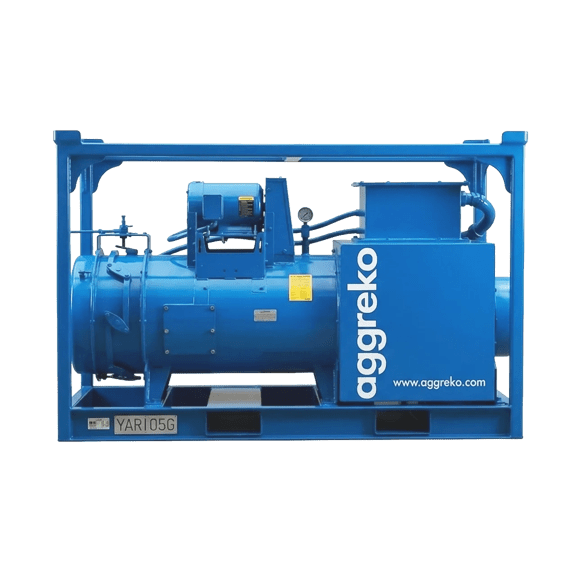 A blue industrial heater with control panel and "Aggreko" branding, mounted on a metal frame, used for temporary power solutions.
