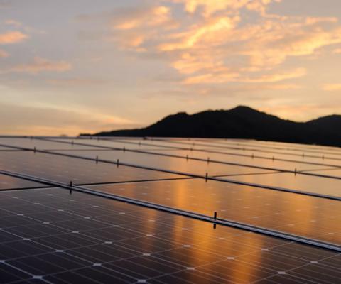 Close up of Solar cell panel with sunset