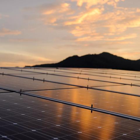 Close up of Solar cell panel with sunset