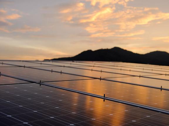 Close up of Solar cell panel with sunset