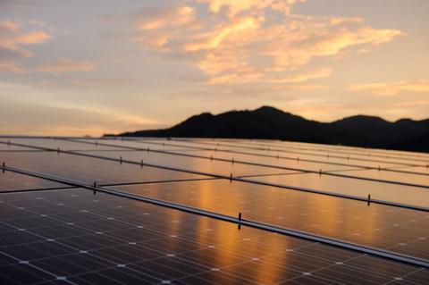 Close up of Solar cell panel with sunset
