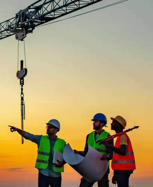 Three construction workers in hard hats and safety vests stand on a building site at sunset, discussing plans with a crane in the background.