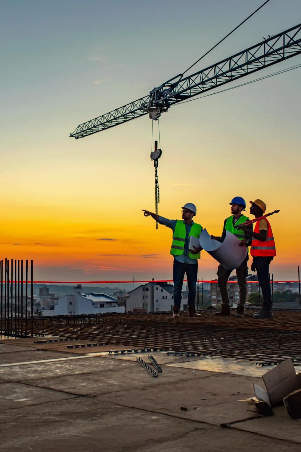 3 contractors stand over a building in PPE at sunset while discussing plans