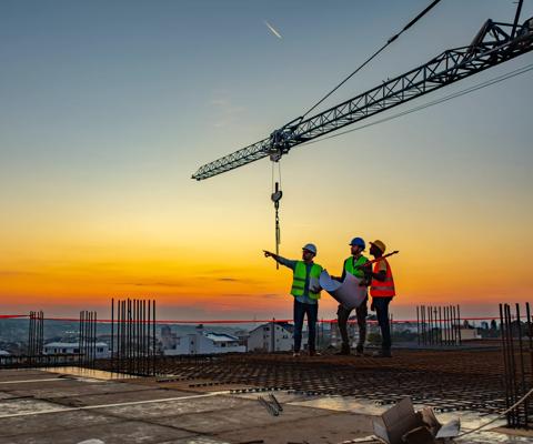 Three Multi-Ethnic construction workers in uniform standing at construction site with crane in background, discussing building plans while holding blueprint at sunset under the tower crane.