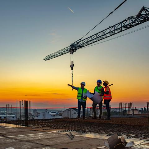 Three Multi-Ethnic construction workers in uniform standing at construction site with crane in background, discussing building plans while holding blueprint at sunset under the tower crane.