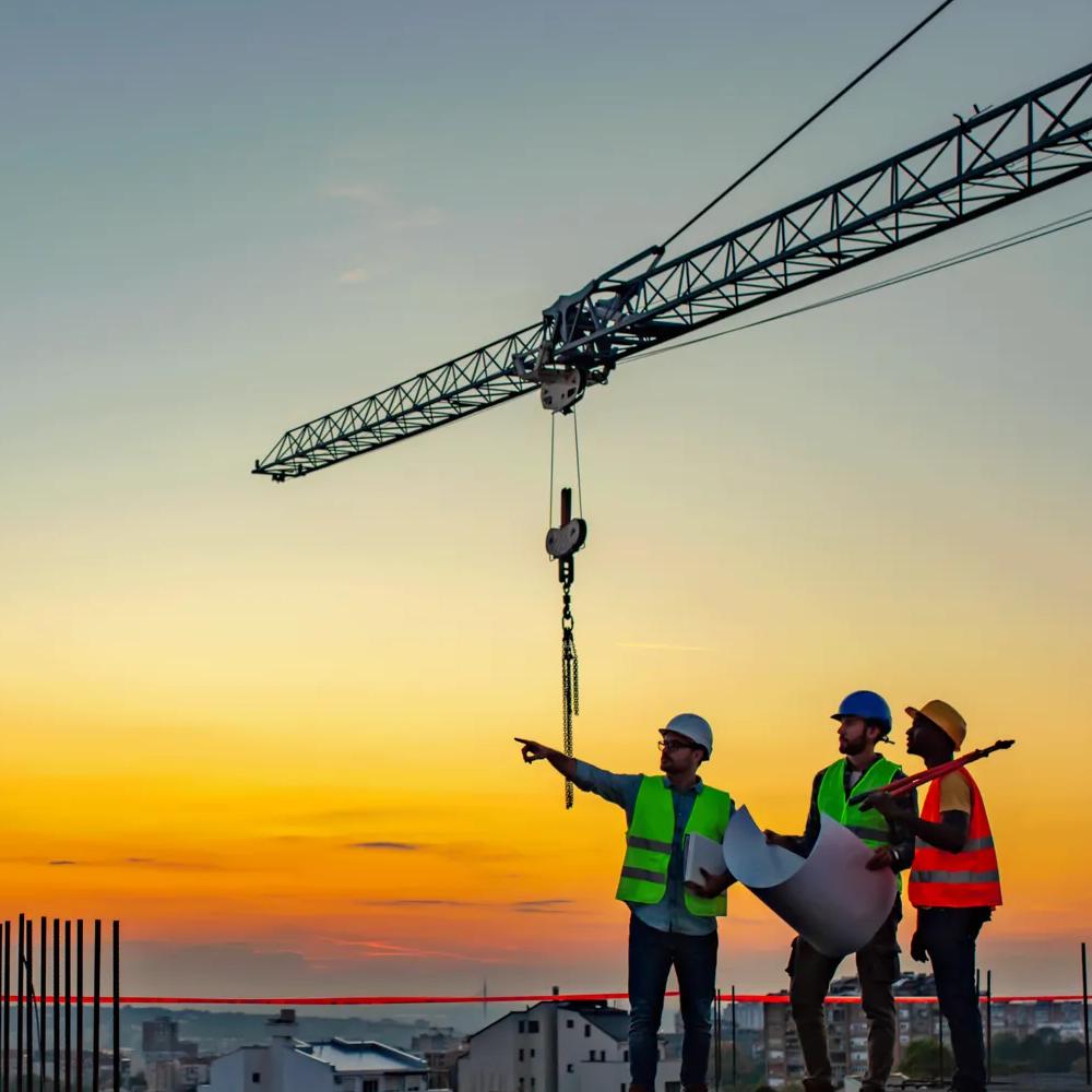 Three construction workers in hard hats and safety vests stand on a building site at sunset, discussing plans with a crane in the background.