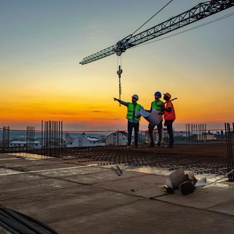 Three construction workers in hard hats and safety vests stand on a building site at sunset, discussing plans with a crane in the background.