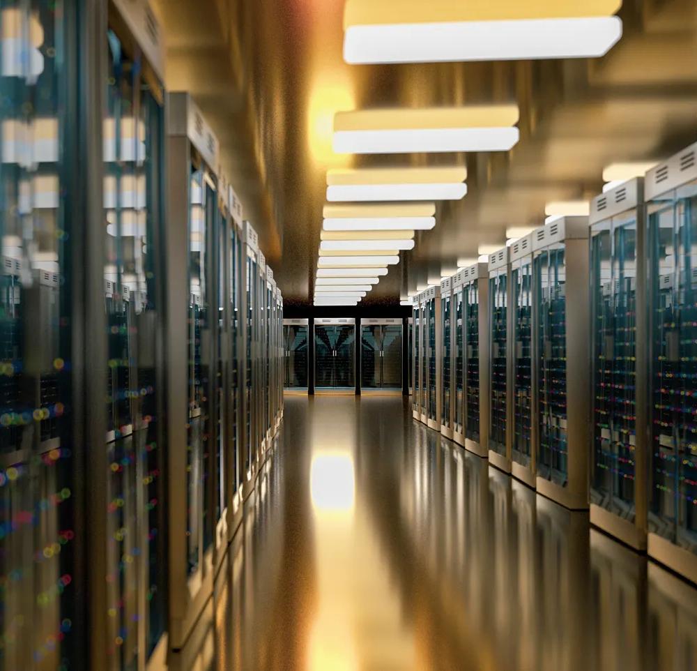 Server racks in server room cloud data center. Datacenter hardware cluster. Backup, hosting, mainframe, mining, farm and computer rack with storage information. 3D rendering. 3D illustration