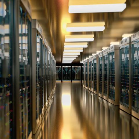 Server racks in server room cloud data center. Datacenter hardware cluster. Backup, hosting, mainframe, mining, farm and computer rack with storage information. 3D rendering. 3D illustration