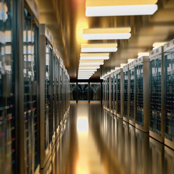 Server racks in server room cloud data center. Datacenter hardware cluster. Backup, hosting, mainframe, mining, farm and computer rack with storage information. 3D rendering. 3D illustration