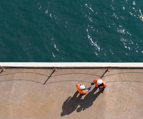 Overhead view of Caucasian technicians shaking hands near water