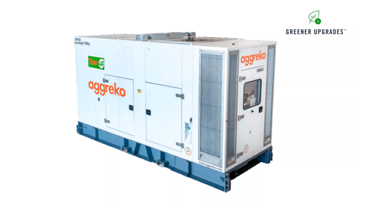 A large white industrial Tier 4F generator unit with Aggreko branding featuring doors and ventilation grilles.