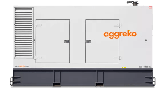 A white diesel generator unit with a grey base, featuring double doors and the "Aggreko" logo prominently displayed.