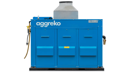 A blue industrial heater with three front panels and a top exhaust, labeled Aggreko, used for cooling or heating applications.