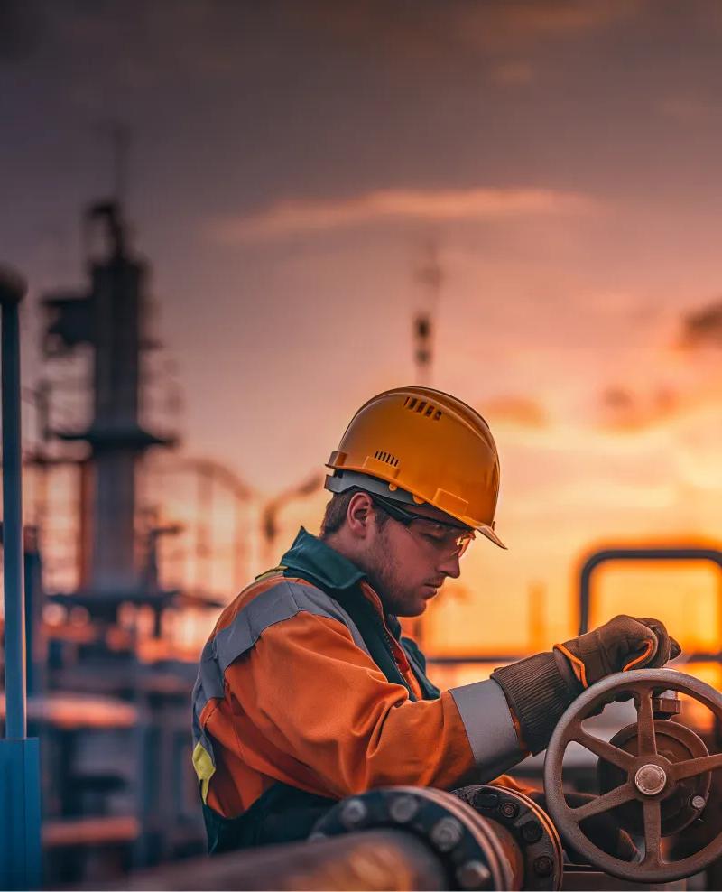 View of a person in uniform working at a refinery.