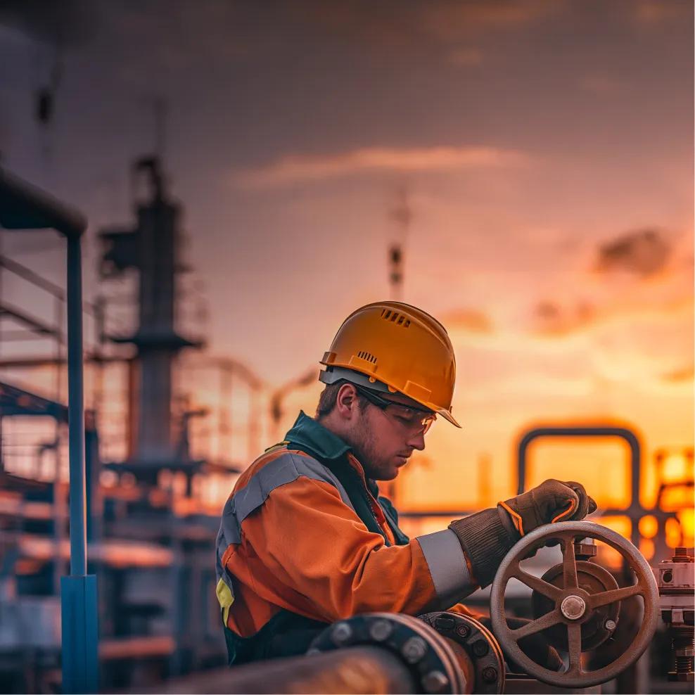 View of a person in uniform working at a refinery.