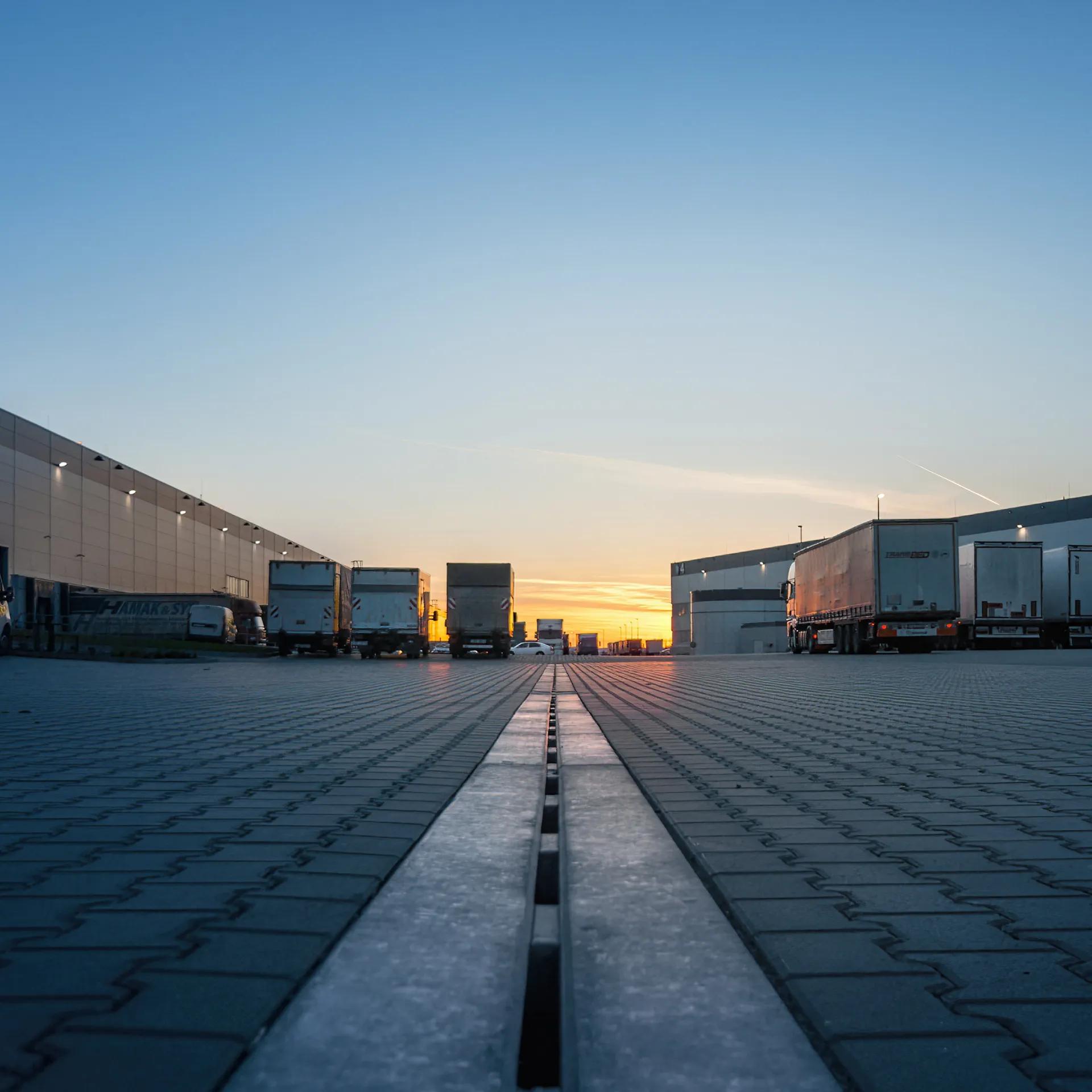 A warehouse loading area with several trucks and vans parked, illuminated by a sunset in the background