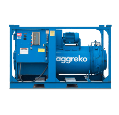 A blue Aggreko industrial heater with a control panel on the left and a cylindrical unit labeled Aggrekо on the right.