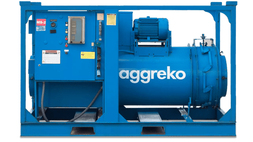 A blue industrial heater with control panel and "Aggreko" branding, mounted on a metal frame, used for temporary power solutions.