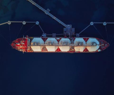 An Aerial View Of A Liquified Natural Gas Floating Storage Unit (LNG FSU) Moored to the Jetty