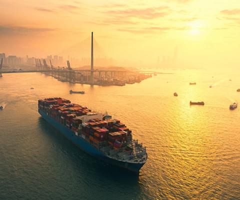 Aerial view Container cargo ship full carrier container at Terminal commercial port Transporting shipment container for business logistics, import export, shipping or freight transportation.