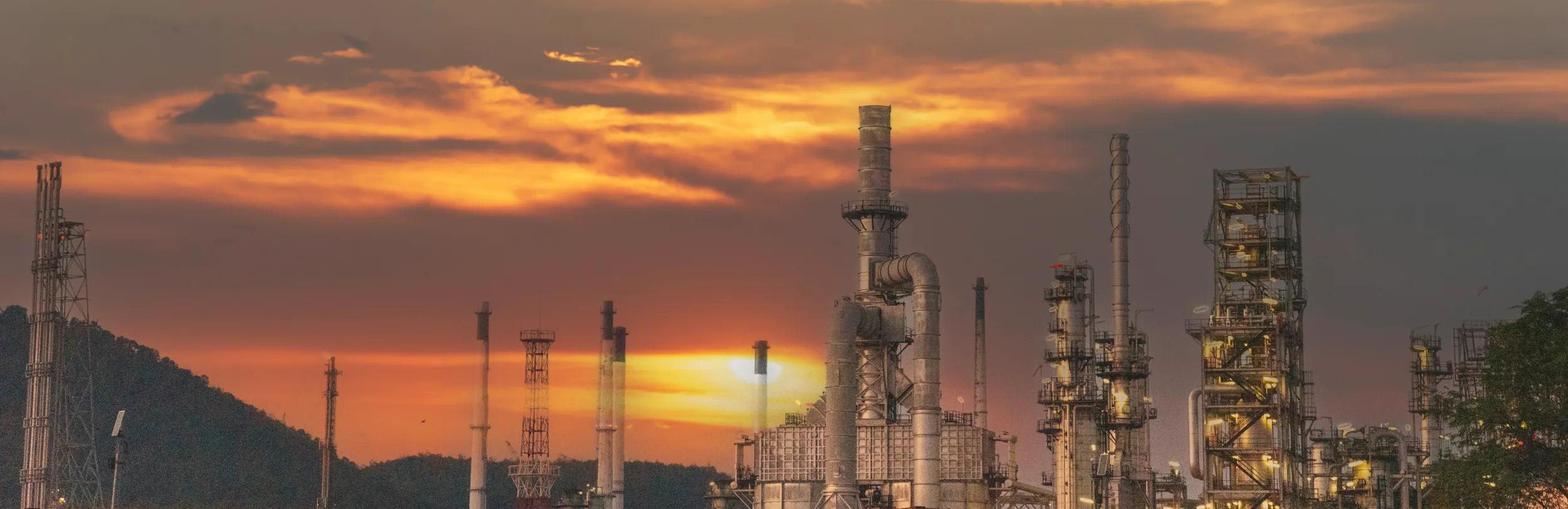 Oil refinery gas petrol plant industry with crude tank, gasoline supply and chemical factory. Petroleum barrel fuel heavy industry oil refinery manufacturing factory plant. Refinery industry concept